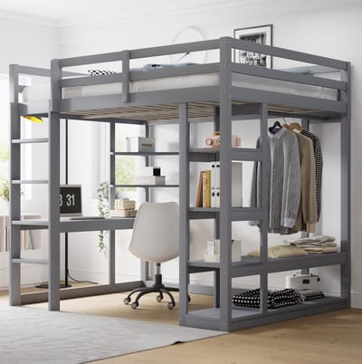 MEUNIQ Hoogslaper 140x200 cm met ladder, bureau, opbergplanken en kledingrek, hout, grijs, voor kinderkamer of tienerkamer