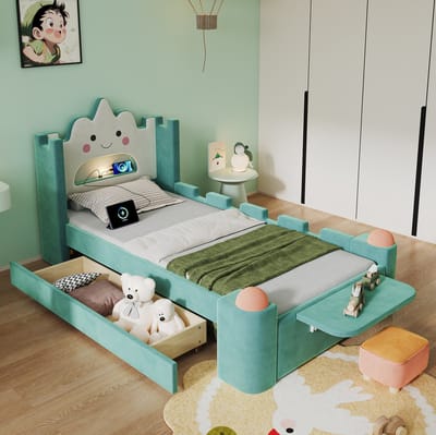 Kinderbed 90x200 cm - Wolkenbed met LED-Leeslamp en USB-Aansluiting - Met Opberglade en Uitvalbeveiliging - Zonder Matras - Fluweel - Blauwgroen