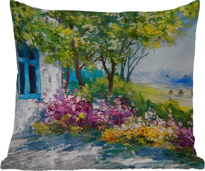 Buitenkussen Weerbestendig - Schilderij - Planten - Bloemen - Huis - Olieverf - 50x50 cm