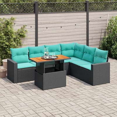 vidaXL - 7-delige - Loungeset - met - kussens - poly - rattan - zwart