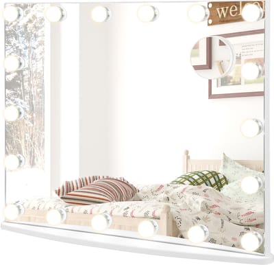 COSTWAY Hollywood Make-up Spiegel met Verlichting, Kapspiegel met 18 Dimbare LED Lampen, 3 Lichte Kleuren en 4 Helderheid, Make-up Spiegel met Extra Vergrotende Spiegel, Tafelblad & Wandgemonteerd
