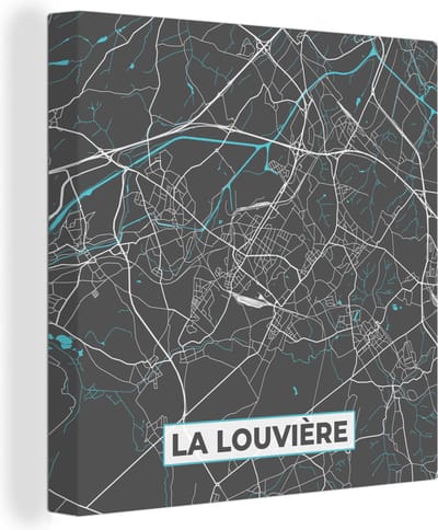 Canvas Schilderij Plattegrond – La Louvière – Blauw – Stadskaart - Kaart - 20x20 cm - Wanddecoratie