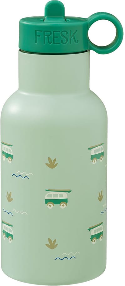 Fresk Thermosfles 350 ml - RVS Waterfles – Lekvrije Drinkfles voor Kinderen – Koude en Warme Dranken – BPA-vrij – Onbreekbaar – 2 Doppen – Thermosbeker – Drinkbeker Jongens - Groen - Surf Boy