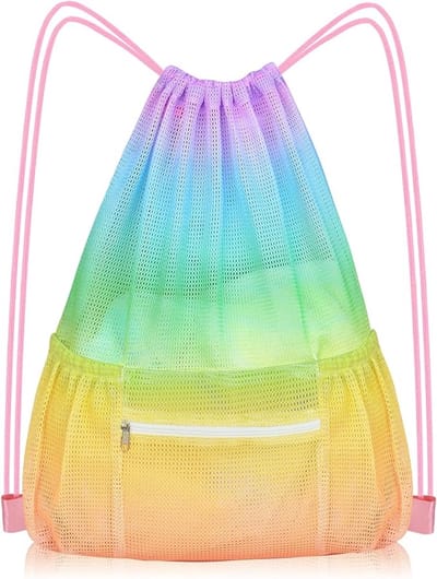 Ruime Mesh Strandtas - Mesh Tas - Rugzak Strand - Rugzakken - trekkoord - mesh strandtas - voor Zwemmen Gear Rugzak Gym Opbergtas voor Volwassen Kinderen - Ideaal als Gymtas / Zwemtas - kleurrijk