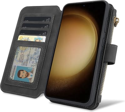 CaseMania Bookcase hoesje geschikt voor Samsung Galaxy S25+ - Effen Zwart - Kunstleer - Portemonnee met 11 Vakjes voor Pasjes en Ritsvak