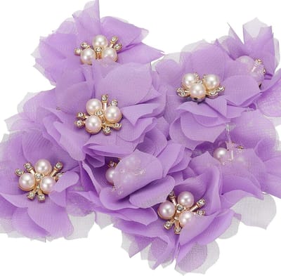Chiffon Bloem Applicaties - Stoffen Bloemen Versieringen - Ambachtelijke Decoratie - Met Parel en Strass - 10 stuks - Paars