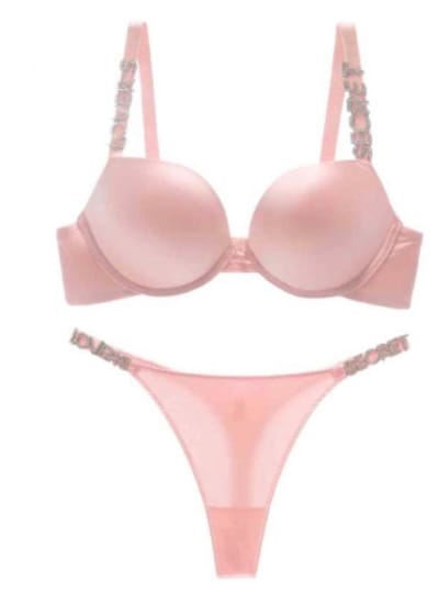 Beha set 20013 - Push up - Effen glanzend met steentjes - 90C roze