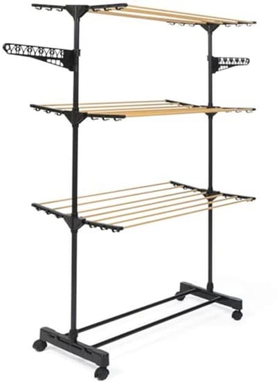 Opvouwbaar Droogrek van Roestvrij Staal met Houtlook en Grote Capaciteit voor Binnen - 145 cm Hoog