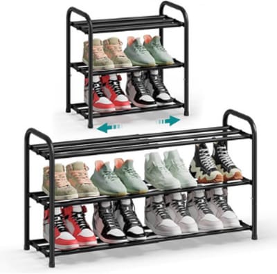 Uitschuifbaar schoenenrek 3 lagen metaal inktzwart verstelbare breedte 44,5-82,4 cm 25x44,5-82,4x47,7 cm.