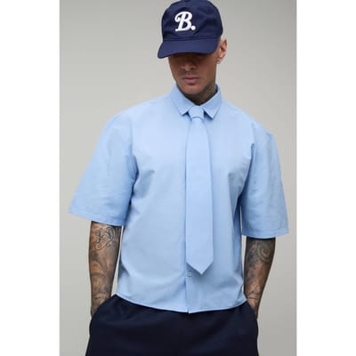 Oversized Boxy Shirt Met Halve Mouw En Stropdas | Blue | Size XS
