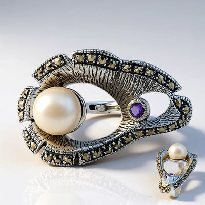 Cavill - Zilveren ring met 9 mm Zoetwaterparel en 0,1 ct Amethist - 925 Sterling Zilver - Elegante dames ring met marcasieten - Annette classic