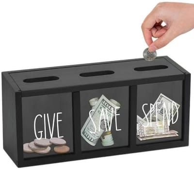 Houten Spaarpot met 3 Vakken (GIVE / SAVE / SPEND) – Magnetisch, Ophangbaar, voor Kinderen en Volwassenen