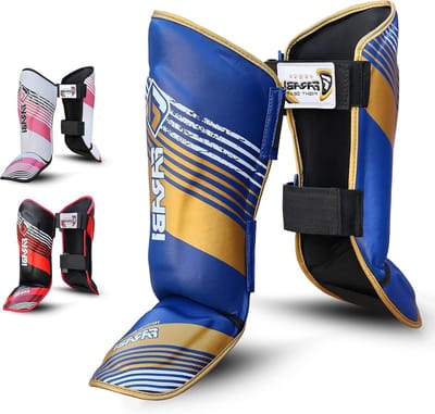 Kickboksen kinderen scheenbeschermers Shin Instep MMA boksen Muay Thai karate taekwondo vechtkunsttraining blauw goud
