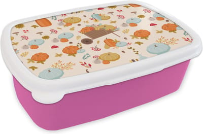 Broodtrommel Roze - Lunchbox - Brooddoos - Pompoen - Paddelstoelen - Bloemen - Patronen - 18x12x6 cm - Kinderen - Meisje