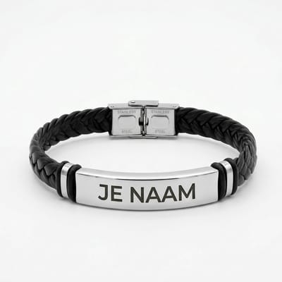 Armband met graveer, Armband met naam, Armband met gravure - gepersonaliseerd - zwart gevlochten band - roestvrij staal, Armband met naamplaatje ,graveerarmband