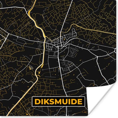 Poster Stadskaart - Black en gold - Diksmuide - Plattegrond - Kaart - 100x100 cm XXL