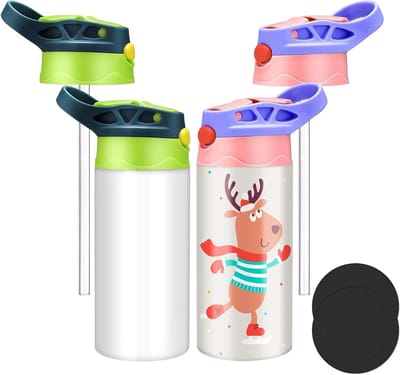2x Sublimatie Beker voor Kinderen, 12 oz Roestvrijstalen Dubbelwandige Tumbler met 2 Rietjesdeksels