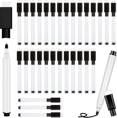 Uitwisbare Markers - Whiteboard Stiften - Kantoor School Thuis - Magnetisch met Wisser - 30 Stuks - Zwart