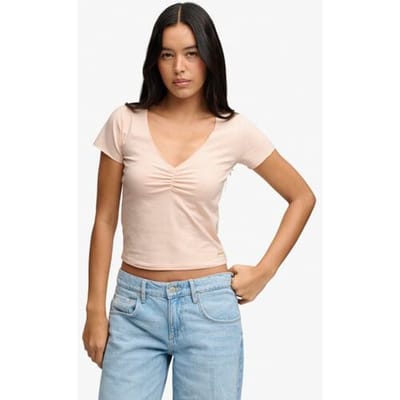 Superdry Gathered V-neck Crop T-shirt Slanke Pasvorm Pink Grootte: 38