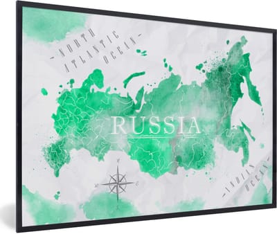 Poster in lijst - Fotolijst 90x60 cm - Posters - Wereldkaart - Rusland - Groen - Posterlijst zwart - Decoratie - Wanddecoratie woonkamer - Muurdecoratie slaapkamer