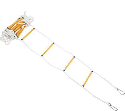 Brandladder Noodladder - Touwladder Vluchtladder - Veilig Ontsnappen - 2 Karabijnhaken - 10 Meter Lengte - Wit Geel Blauw