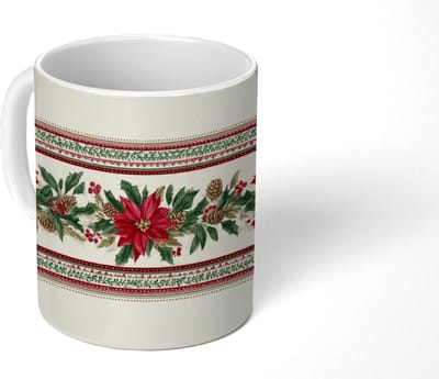 Mok - Koffiemok - Kerststrook - Poinsettia - Rood - Groen - Mokken - 350 ML - Beker - Koffiemokken - Theemok