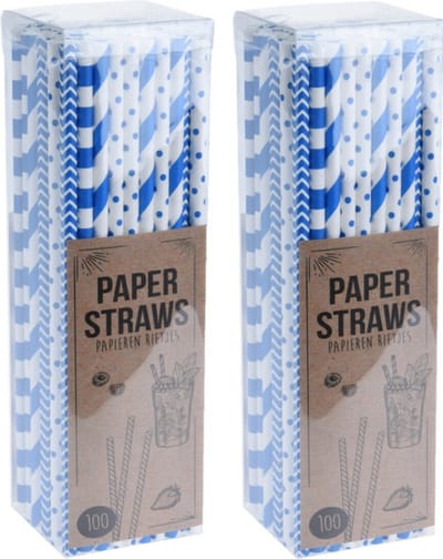 Excellent Houseware Papieren drinkrietjes - 200x - blauw - 20 cm