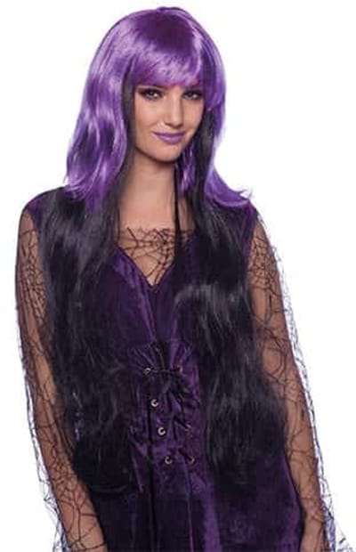 Folat - Pruik heks paars/zwart lang haar - Halloween Pruik - Halloween accessoires - Halloween outfit - Pruiken - enge pruiken