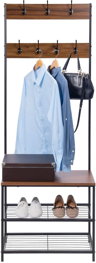 Kapstok met Schoenenrek – Kledingrek - Opbergrekken - 7 Haken - Vrijstaande - Stabiele Garderobestandaard – Rek Organiser - Metaal - MDF-Plaat - 60x31,5x170cm - Zwart Donkerbruin