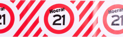 Afzetlint ''Hoera! 21'' - 21 jaar - 4 het moment! - 10 meter