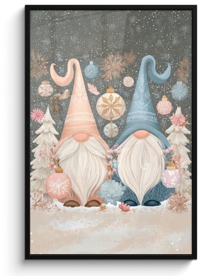 Poster in lijst - Fotolijst 80x120 cm - Posters - Kerst - Gnomen - Pastel - Posterlijst zwart - Decoratie - Wanddecoratie woonkamer - Muurdecoratie slaapkamer - Kerstversiering - Kerstdecoratie voor binnen - Kerstmis