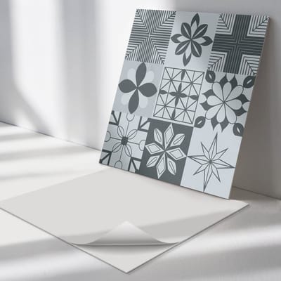 Wallfluent Vinyl Tegels - Geometrische Patronen in Mozaïek Vinyl Tegels Zelfklevend - 30 cm x 30 cm - Grijs PVC Tegels - Set van 9 - Vierkant PVC Tegels - Patroon Plaktegels - Zelfklevende Vinyltegels - Plaktegels Keuken en Badkamer