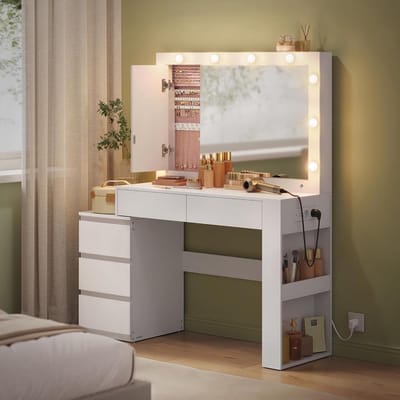 Kaptafel met LED Verlichting - Make-uptafel Spiegel - Schoonheidsroutine - Geïntegreerde Oplaadstation - 40 x 125 x 140 cm - Wolkenwit