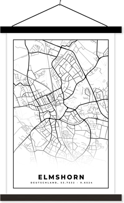 Posterhanger incl. Poster 40x60 cm - Schoolplaat - Plattegrond - Elmshorn - Kaart - Stadskaart - Textielposter - Zwarte latten - Stadskaart
