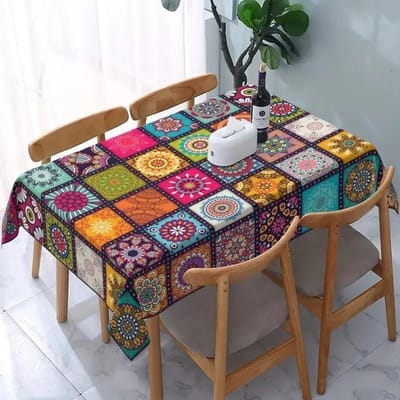 Rechthoekige Polyester Boho Tafelkleed Mandala Boheemse Cirkel Kleurrijk Tafelkleed Festival Vakantie Feest Tafelkleed Huisdecoratie 90x140cm