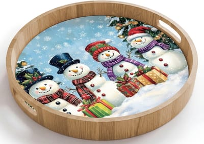 Dienblad rond 40x40 cm - Schootdienblad hout - Vrolijk - Sneeuw - Kleurrijk - Borrelplank rechthoek - Plateau houten dienbladen