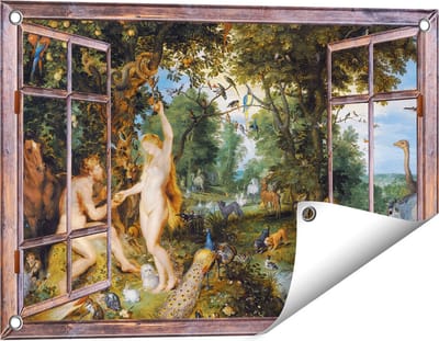 Gards Tuinposter Doorkijk Het Aardse Paradijs met de Zondeval van Adam en Eva - Jan Brueghel - 60x40 cm - Tuindoek - Tuindecoratie - Wanddecoratie buiten - Tuinschilderij
