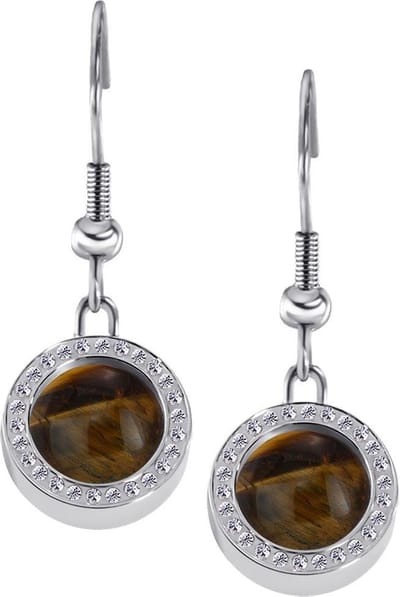 Quiges RVS Schroefsysteem Oorhangers Oorbellen Zilverkleurig met Zirkonia en Verwisselbare Tiger's Eye Bruin Mini Munt Set - ECOS236