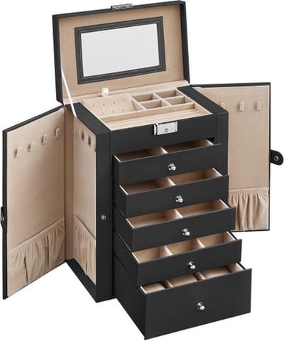 Allero Sieradendoos - Juwelendoos - Sieraden Doosje - Zwart - 6 Lagen - 5 Lades - Zijdeurtjes - 15,6x26x32 cm - Met Slotje