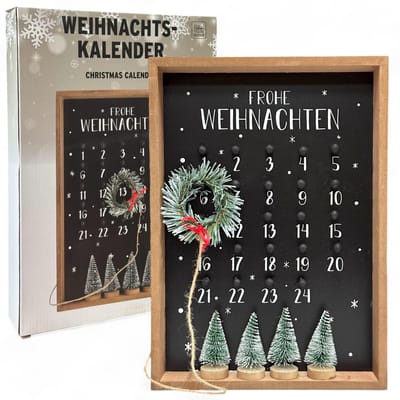 Dailygoods- Adventskalender 2025 - Aftelkalender met Krans - Houten Lijst - Herbruikbaar - 25 x 35 x 4 cm - Duurzaam MDF-hout