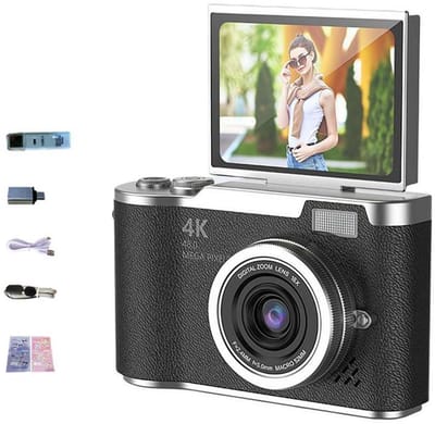 4K digitale camera - Draaibaar scherm - 64 GB geheugenkaart - Ideaal voor buitenfotografie - Zwarte retro camerakit - Perfect voor buitenfotografie, reizen en vrije tijd - Foto- en video-opname in hoge resolutie