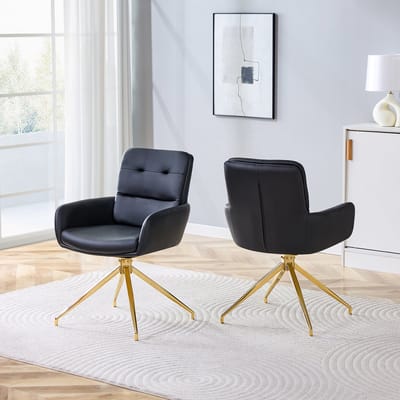 Wishdor - Draaistoel Voor Eetkamer - 360° Draaibaar En Gestoffeerde Rugleuning - Modern Ontwerp - Metaal En Imitatieleer - Zwart Met Goudkleurig Onderstel - Totale Hoogte 85 Cm - Belastbaar Tot 130 Kg