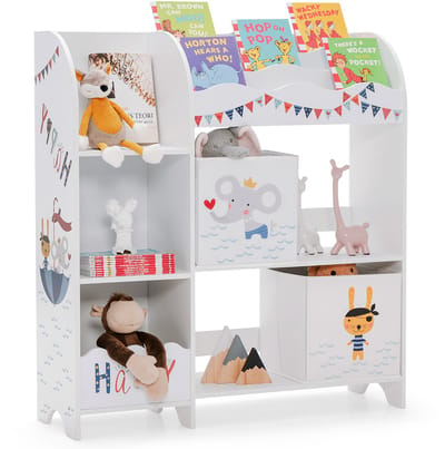 COSTWAY Kinderen Display Opbergkastje, 3-Laags Kleuter Opbergkastje met 5 Compartimenten, 2 Doeken Laden en 3 Sleuven voor Speelgoed en Boeken, Kinderen Vrijstaande Opbergkast, Wit (Stijl 1)