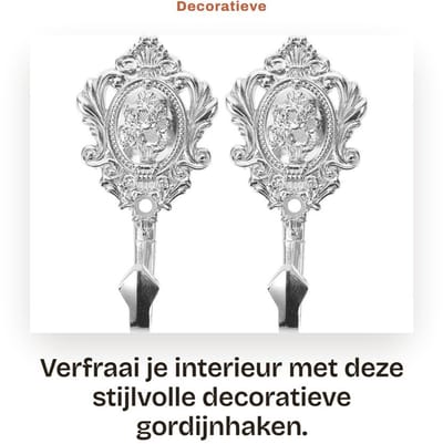 Dailygoods- Gordijnhaken Vintage Stijl - Decoratieve Haken - Zinklegering - 2 Stuks - 9,5 x 5 cm - Inclusief Schroeven - Wandhaak