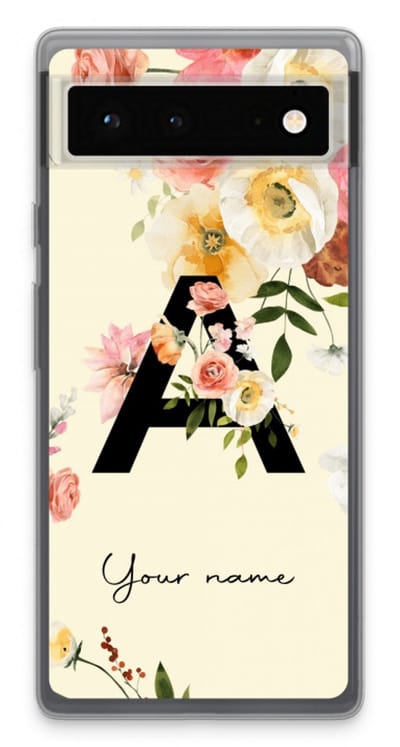 Gepersonaliseerd - Case Company® - Hoesje geschikt voor Google Pixel 6 hoesje - Flirty Flowers Monogram - Soft Cover Telefoonhoesje - Bescherming aan alle Kanten en Schermrand