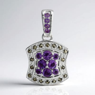 Cavill - Zilveren Hanger 925 Sterling Zilver - 0,768 ct Amethist & 0,18 ct Marcasiet - Elegant Paars Rond - 24x14 mm