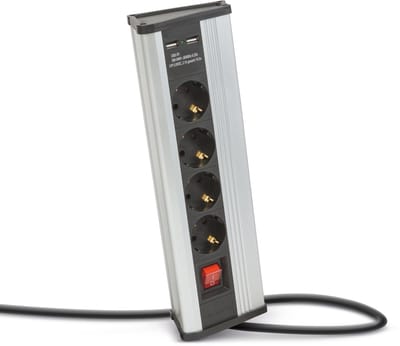 Hoekstekkerdoos met schakelaar, 4 x 250V/16A sockets + 2 x USB 2,1A, aluminium behuizing, kinderveilig, 1,5 m kabel [20484S]