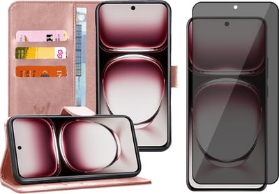 Hoesje geschikt voor Oppo Reno 12 - Privacy Screenprotector Volledig Dekkend Glas - Portemonnee Book Case Rosegoud