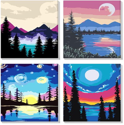 Cosensi- Verf op Nummer - 4-pack voor Beginners - Acrylverf op Canvas - Doe-het-zelf Schilderij - Ingelijst - Inclusief Penselen en Pigmenten - Schilderkit
