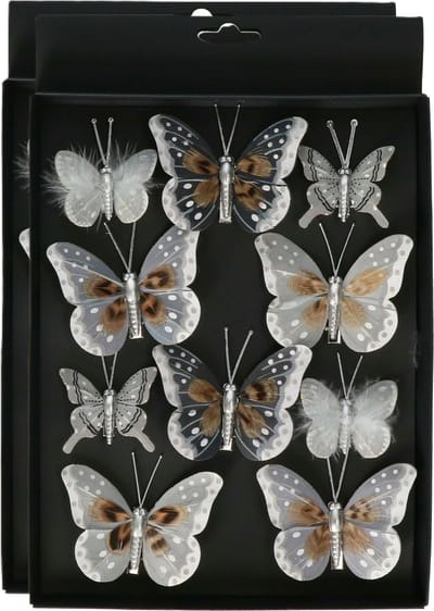 Othmar Decorations vlinders op clip - 20x - grijs/zilver- 5-8 cm - kunststof